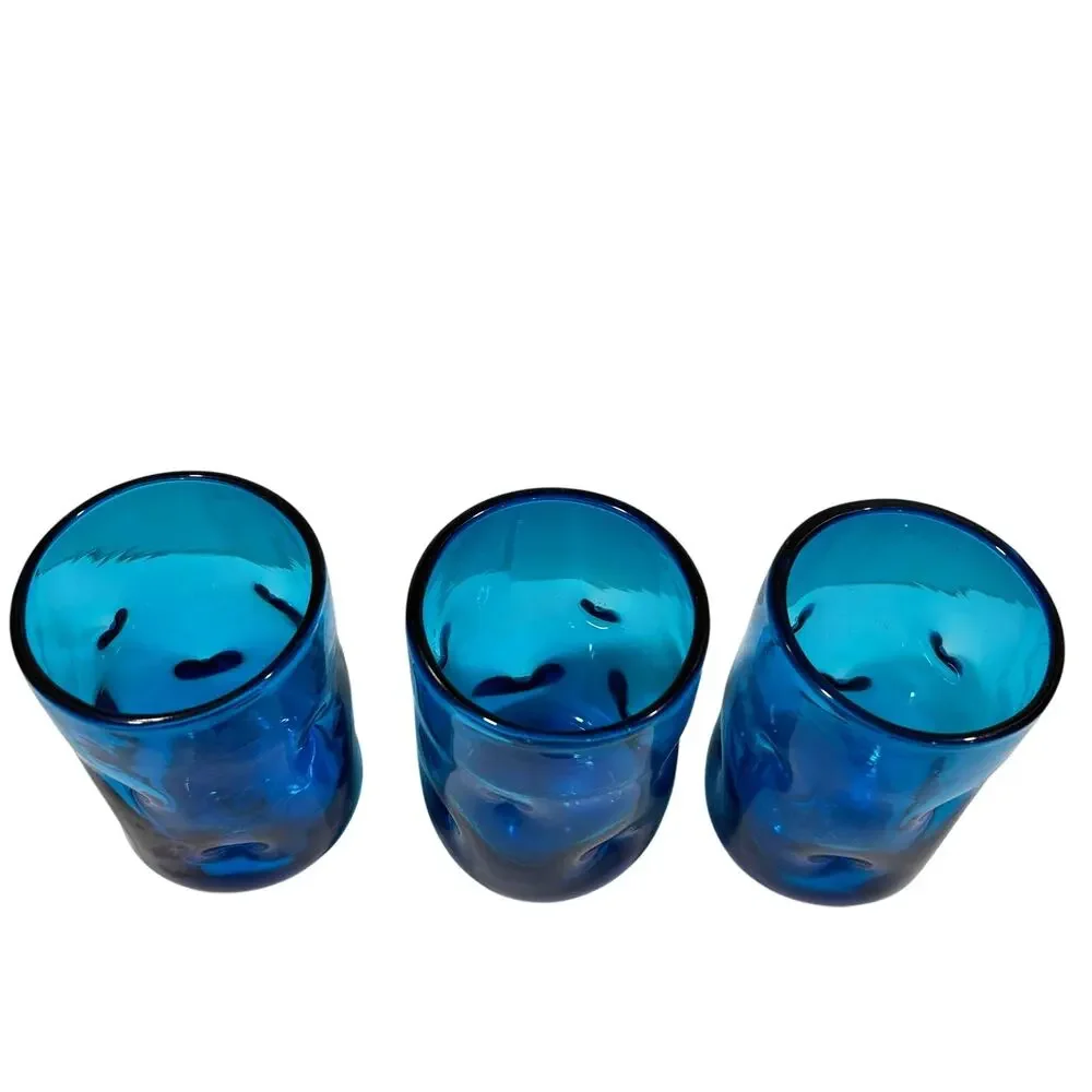 Set of 3 Blenko Tumbler Drinking Glasses Turquoise Blue Pinched Dimpled 4.5 Inch